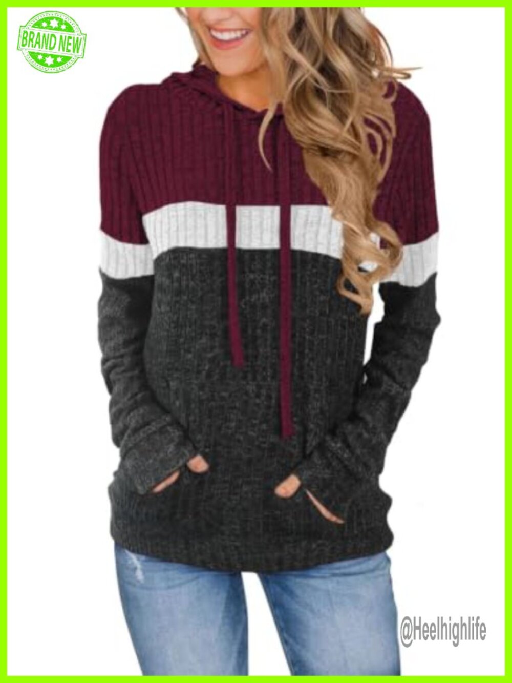 Color Block Knit Hoodie Long Sleeve Pullover Sweater with Pocket
